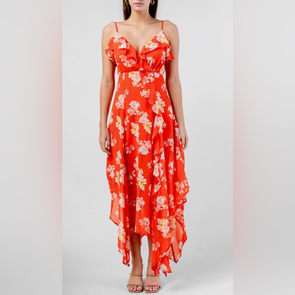 Beivy Orange Yellow Floral Handkerchief Hem Chiffon Maxi Dress